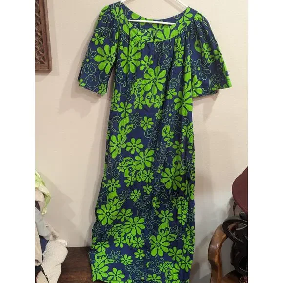 VINTAGE VIBRANT blue & green 1960s/70s handmade mumu house dress size approx L - Picture 1 of 7